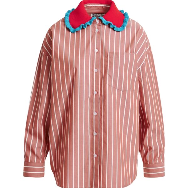 Essentiel Antwerp Burned orange and off-white striped cotton shirt with crochet ruffled collar