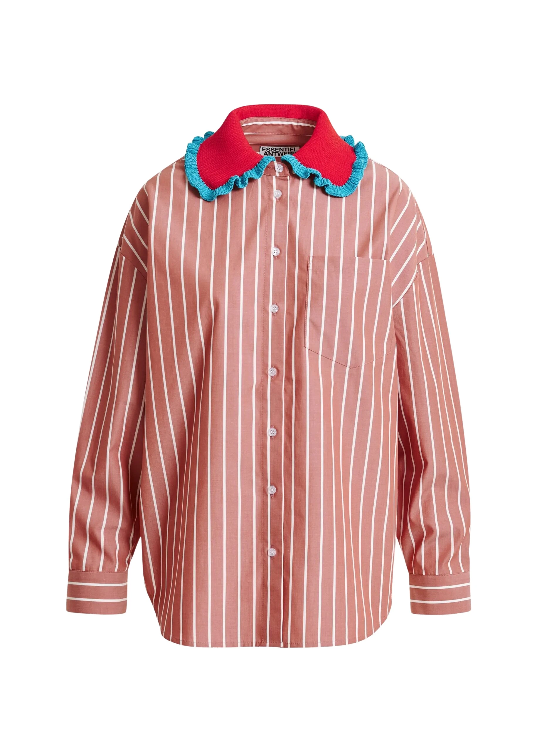 Essentiel Antwerp Burned orange and off-white striped cotton shirt with crochet ruffled collar