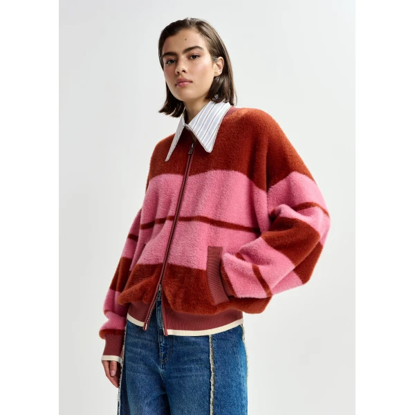 Essentiel Antwerp Burned orange and pink striped knitted bomber jacket, view 2