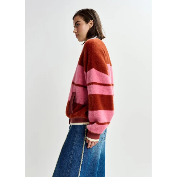 Essentiel Antwerp Burned orange and pink striped knitted bomber jacket, view 3