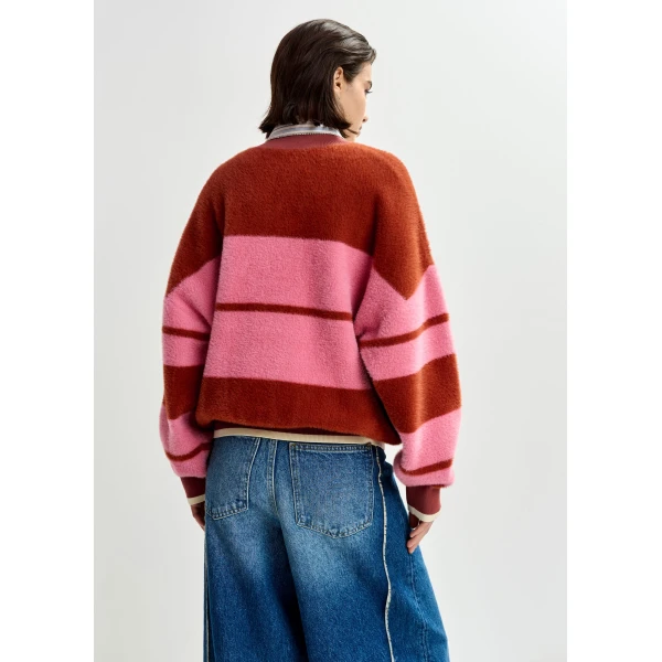 Essentiel Antwerp Burned orange and pink striped knitted bomber jacket, view 4