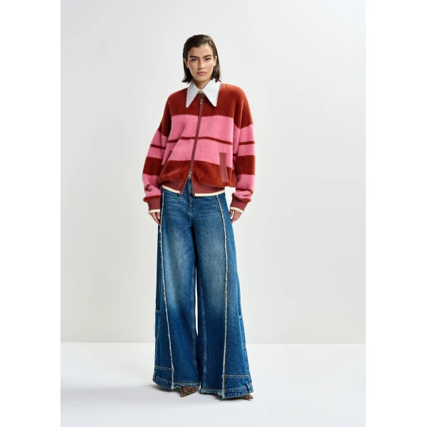 Essentiel Antwerp Burned orange and pink striped knitted bomber jacket, view 5