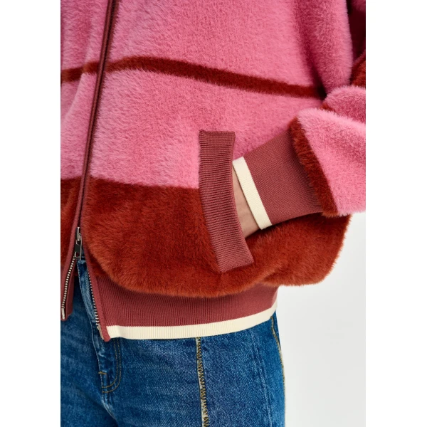 Essentiel Antwerp Burned orange and pink striped knitted bomber jacket, view 6