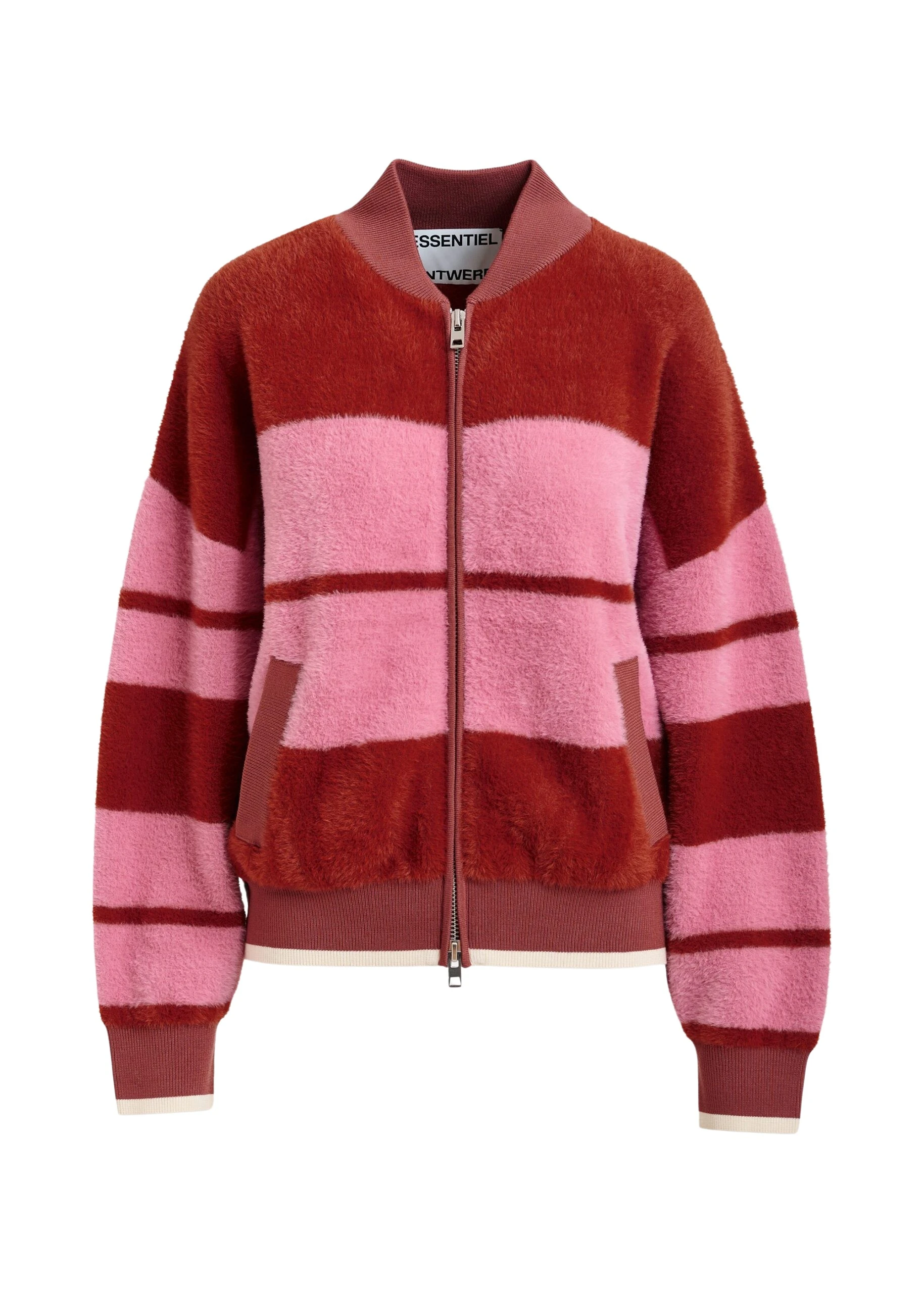 Essentiel-Antwerp-Burned-orange-and-pink-striped-knitted-bomber-jacket-scaled95420_nobg Essentiel Antwerp Burned orange and pink striped knitted bomber jacket