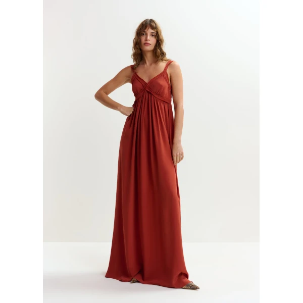 Essentiel Antwerp Burned orange babydoll maxi dress with empire waistline, view 3
