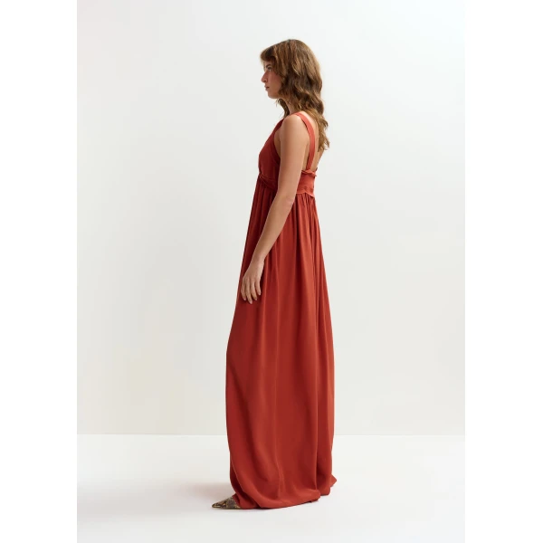 Essentiel Antwerp Burned orange babydoll maxi dress with empire waistline, view 4