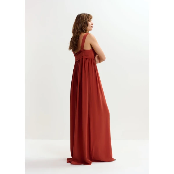 Essentiel Antwerp Burned orange babydoll maxi dress with empire waistline, view 5