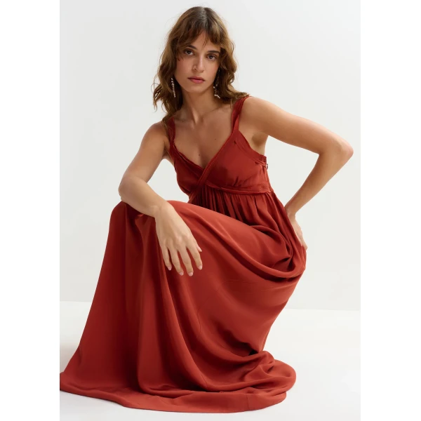 Essentiel Antwerp Burned orange babydoll maxi dress with empire waistline, view 6