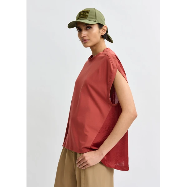 Essentiel Antwerp Burned orange cap-sleeve organic cotton T-shirt Top, view 5