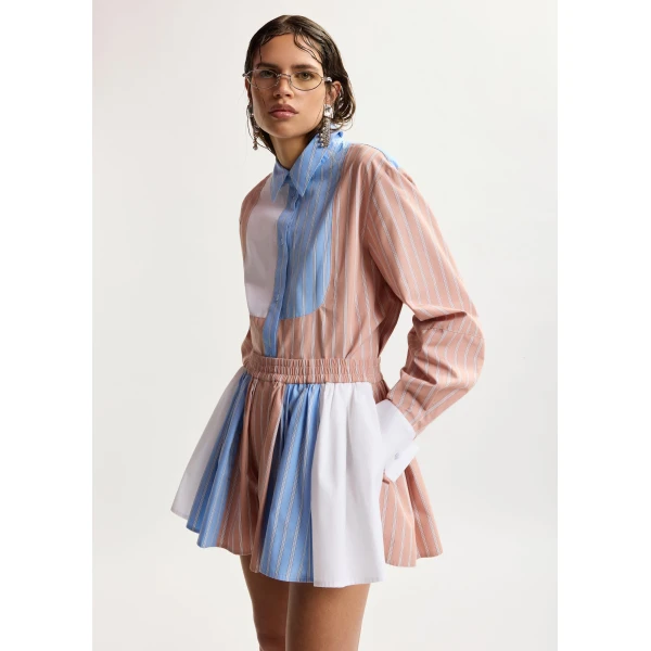 Essentiel Antwerp Camel, light blue and white oversized striped cotton shirt with contrast panel, view 2