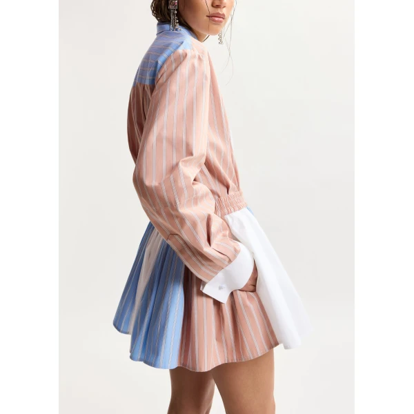 Essentiel Antwerp Camel, light blue and white oversized striped cotton shirt with contrast panel, view 3