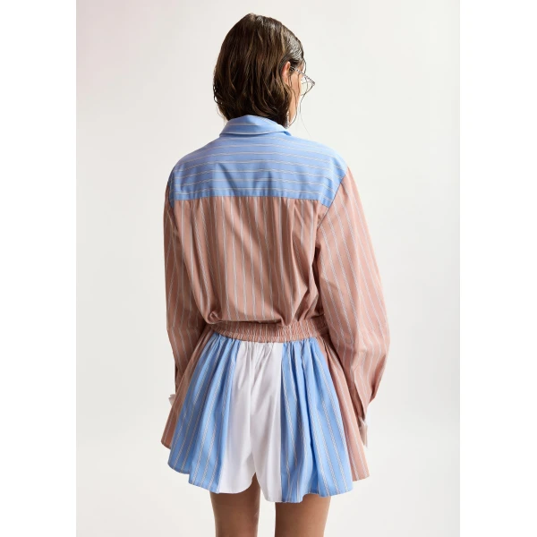 Essentiel Antwerp Camel, light blue and white oversized striped cotton shirt with contrast panel, view 4