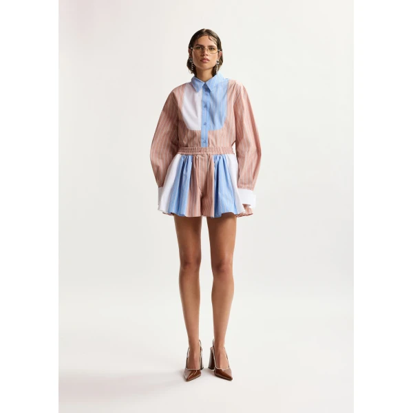 Essentiel Antwerp Camel, light blue and white oversized striped cotton shirt with contrast panel, view 6
