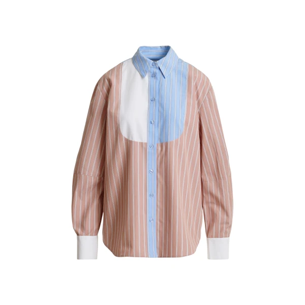 Essentiel Antwerp Camel, light blue and white oversized striped cotton shirt with contrast panel