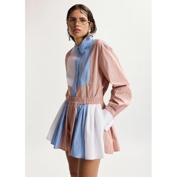 Essentiel Antwerp Camel, light blue and white striped cotton shorts with elasticated waistband, view 4