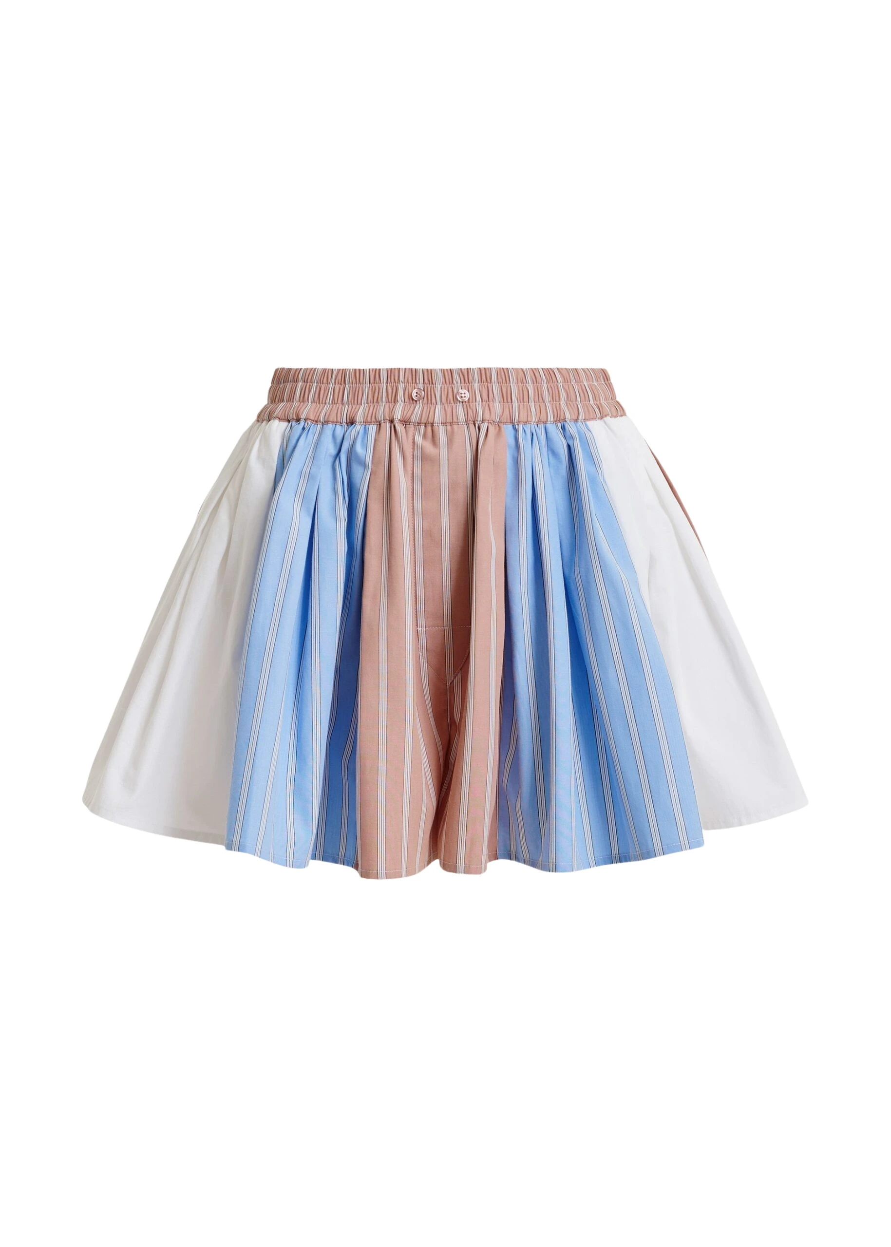 Camel, light blue and white striped cotton shorts with elasticated waistband