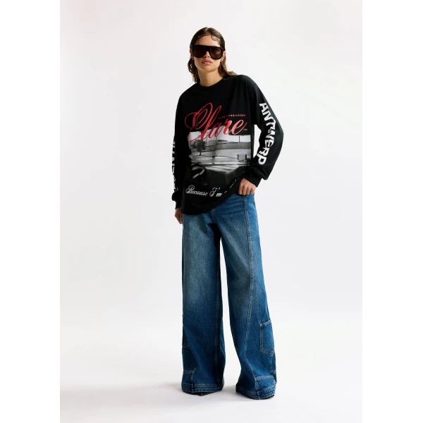 Essentiel Antwerp “Clare, To Be Considered” exclusive merch black, white and red cotton long-sleeve T-shirt Top, view 2