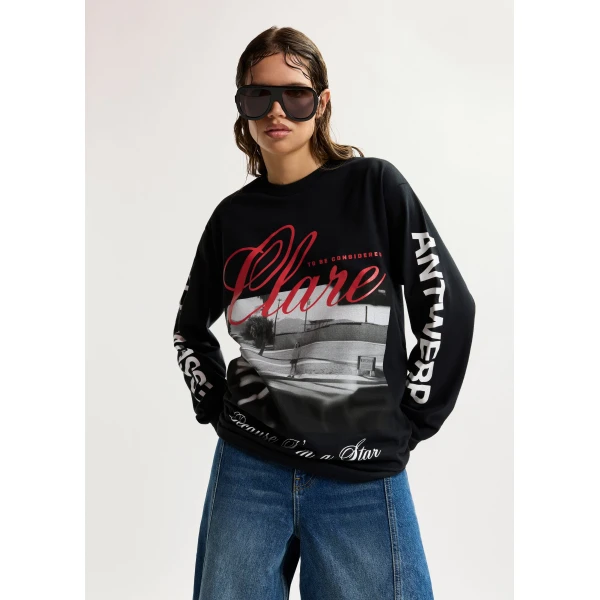 Essentiel Antwerp “Clare, To Be Considered” exclusive merch black, white and red cotton long-sleeve T-shirt Top, view 3