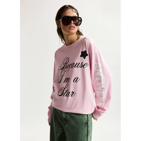 Essentiel Antwerp “Clare, To Be Considered” exclusive merch pink, black and white cotton long-sleeve T-shirt Top, view 4