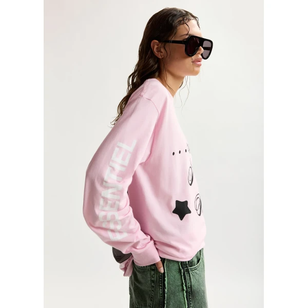 Essentiel Antwerp “Clare, To Be Considered” exclusive merch pink, black and white cotton long-sleeve T-shirt Top, view 5
