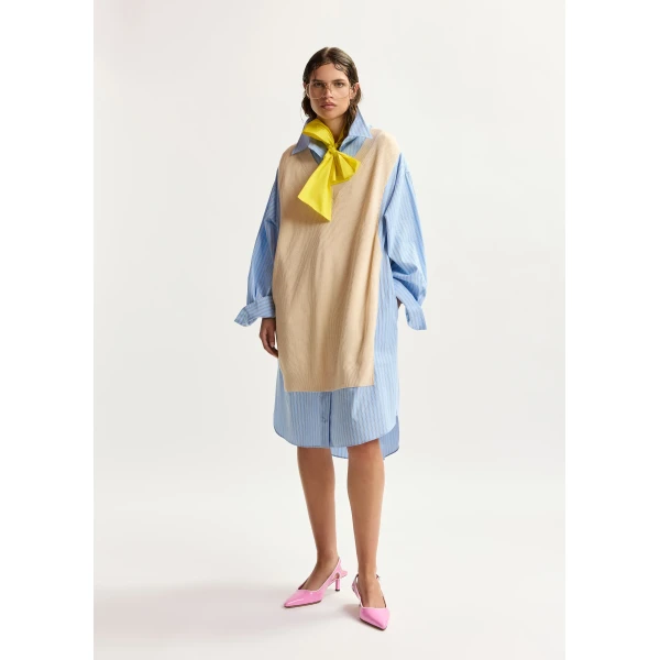 Essentiel Antwerp Cream and light blue knit-panel oversized shirt dress, view 2