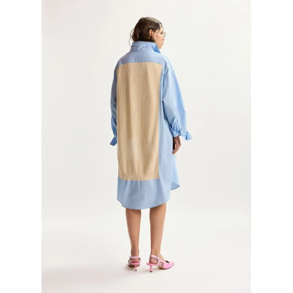 Essentiel Antwerp Cream and light blue knit-panel oversized shirt dress, view 4
