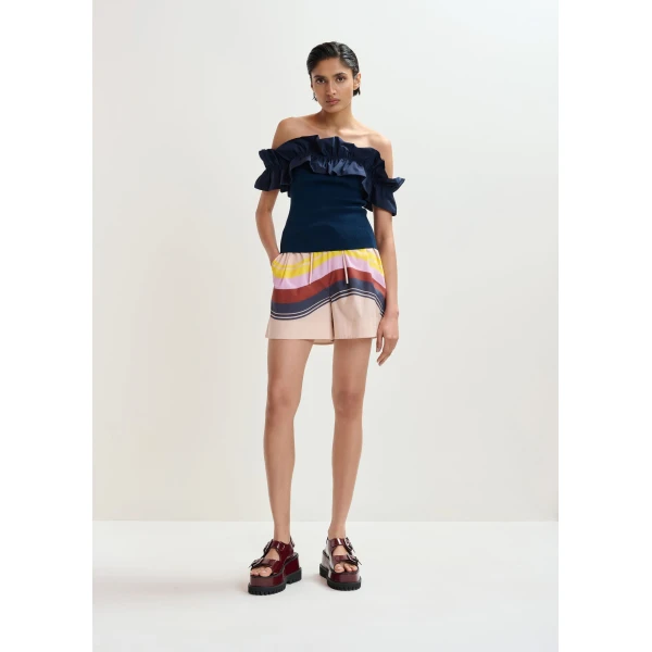 Essentiel Antwerp Cream and multicolor cotton shorts with placed stripe print, view 2