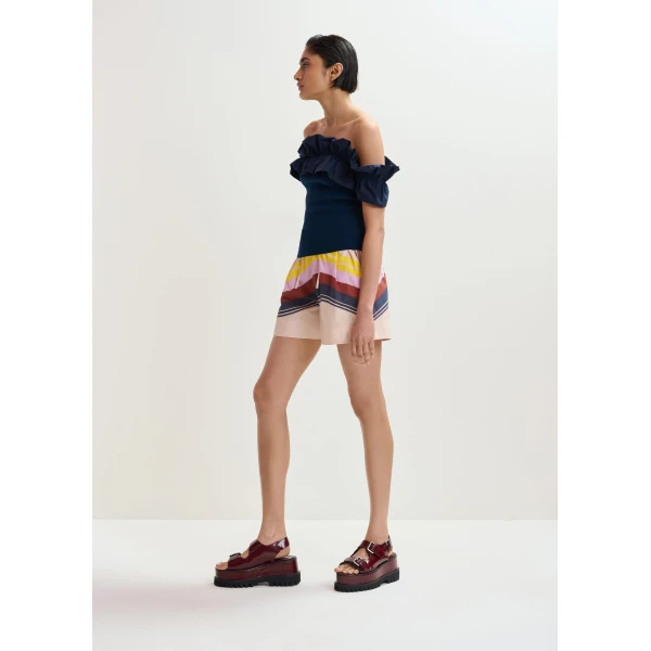 Essentiel Antwerp Cream and multicolor cotton shorts with placed stripe print, view 3