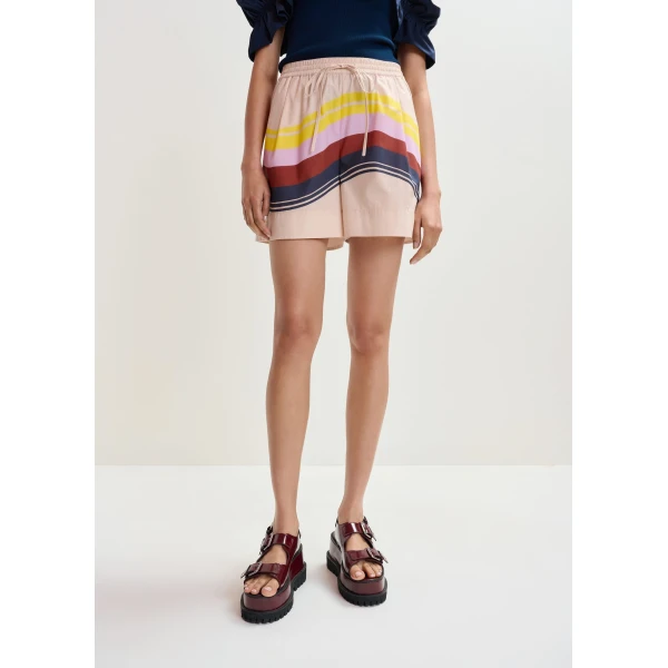 Essentiel Antwerp Cream and multicolor cotton shorts with placed stripe print, view 4