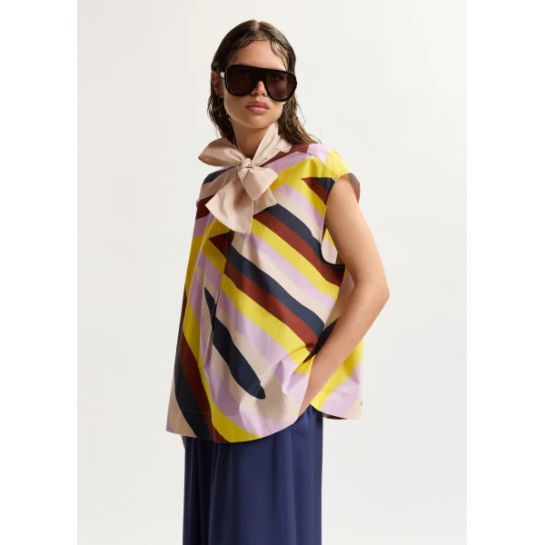Essentiel Antwerp Cream and multicolor graphic sleeveless top with tie neckline, view 2