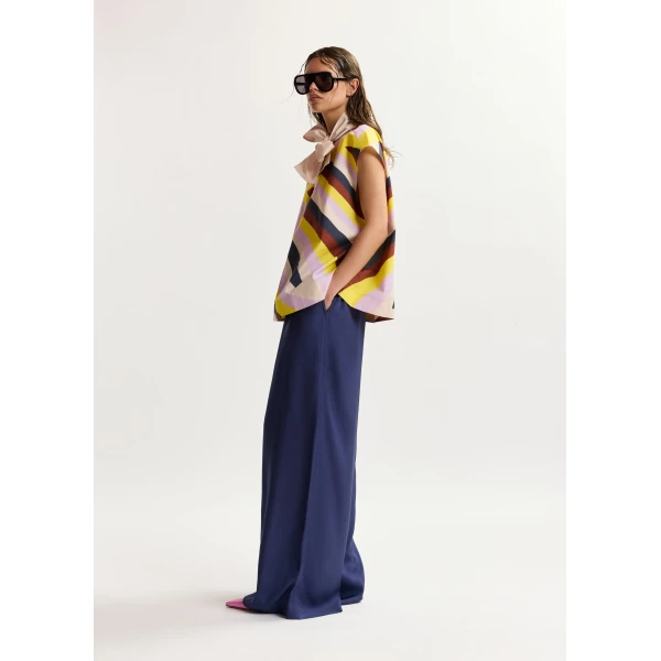 Essentiel Antwerp Cream and multicolor graphic sleeveless top with tie neckline, view 4