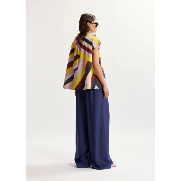 Essentiel Antwerp Cream and multicolor graphic sleeveless top with tie neckline, view 5