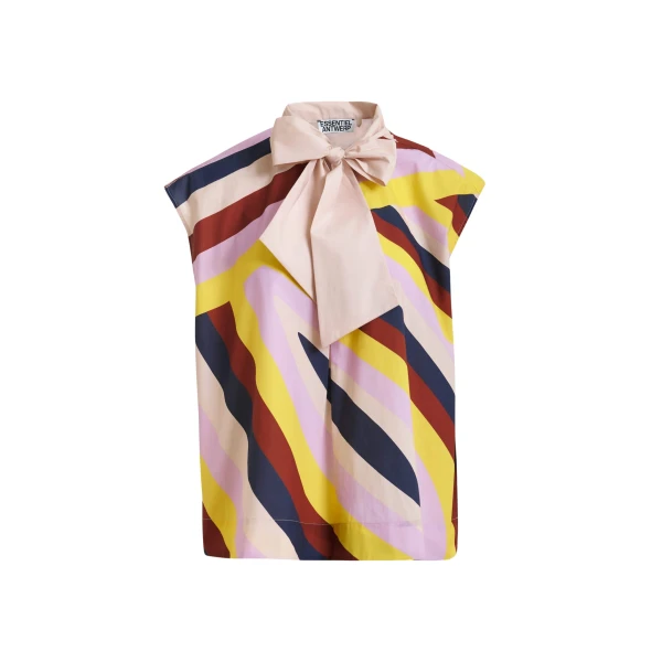 Essentiel Antwerp Cream and multicolor graphic sleeveless top with tie neckline