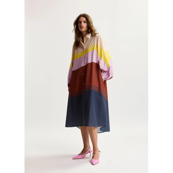 Essentiel Antwerp Cream and multicolor oversized cotton shirt dress with placed stripe print, view 2