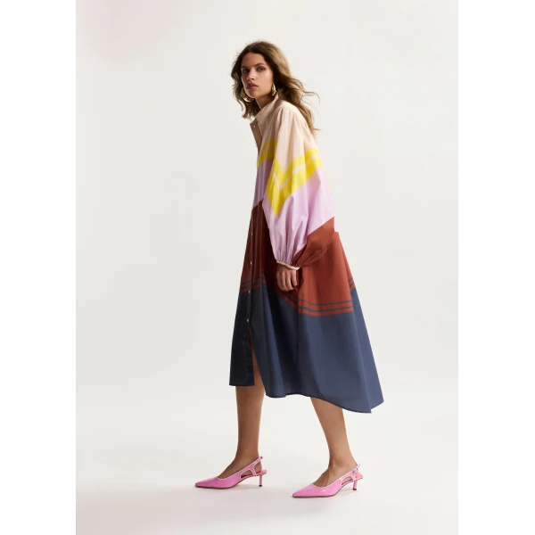 Essentiel Antwerp Cream and multicolor oversized cotton shirt dress with placed stripe print, view 3