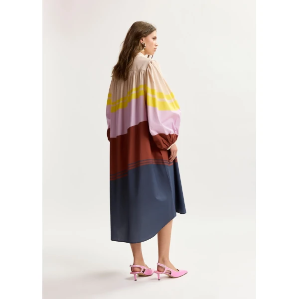 Essentiel Antwerp Cream and multicolor oversized cotton shirt dress with placed stripe print, view 4