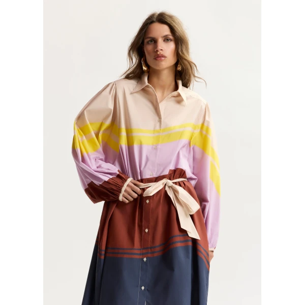 Essentiel Antwerp Cream and multicolor oversized cotton shirt dress with placed stripe print, view 5