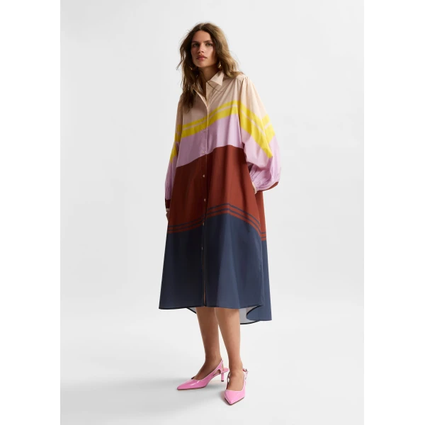 Essentiel Antwerp Cream and multicolor oversized cotton shirt dress with placed stripe print, view 6