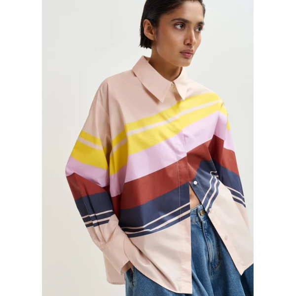 Essentiel Antwerp Cream and multicolor oversized cotton shirt with placed stripe print, view 2