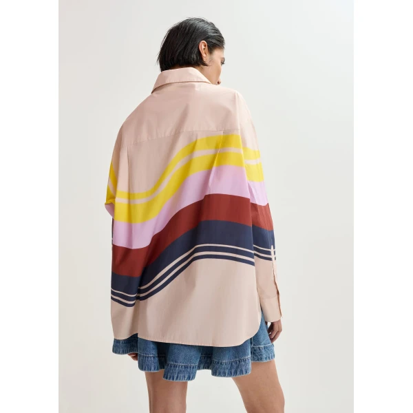 Essentiel Antwerp Cream and multicolor oversized cotton shirt with placed stripe print, view 4