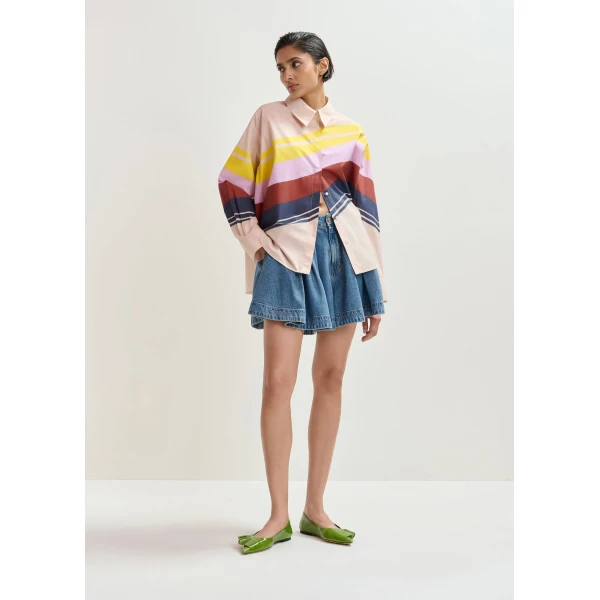 Essentiel Antwerp Cream and multicolor oversized cotton shirt with placed stripe print, view 5