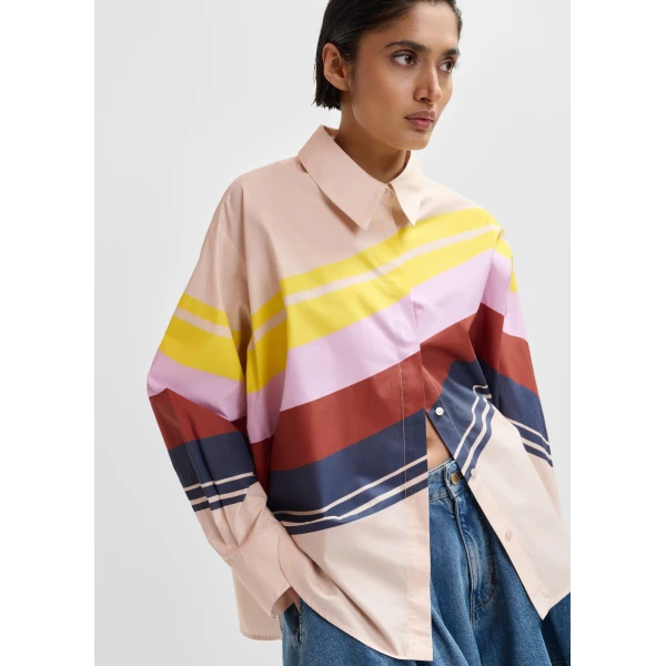 Essentiel Antwerp Cream and multicolor oversized cotton shirt with placed stripe print, view 6