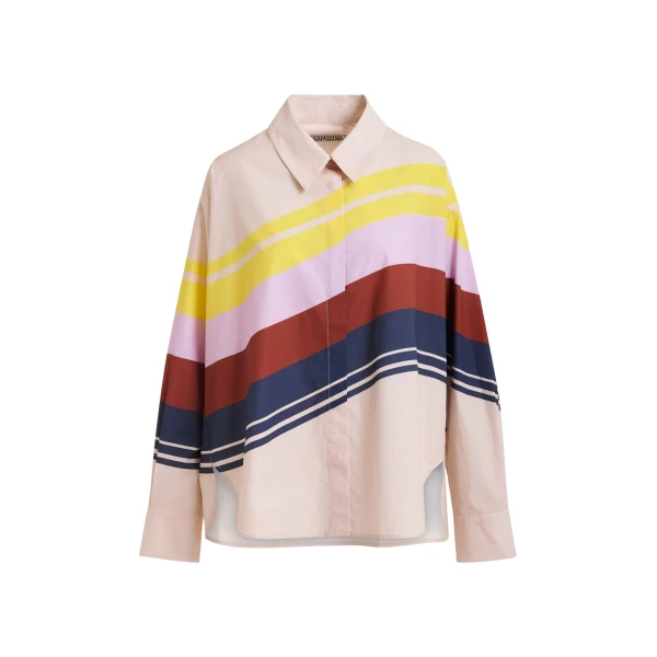 Essentiel Antwerp Cream and multicolor oversized cotton shirt with placed stripe print