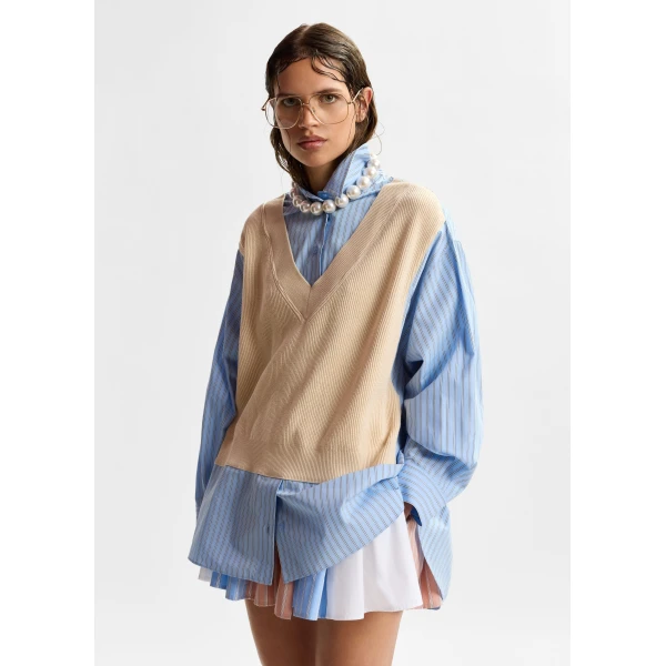 Essentiel Antwerp Cream, light blue and black knit-panel oversized shirt, view 6