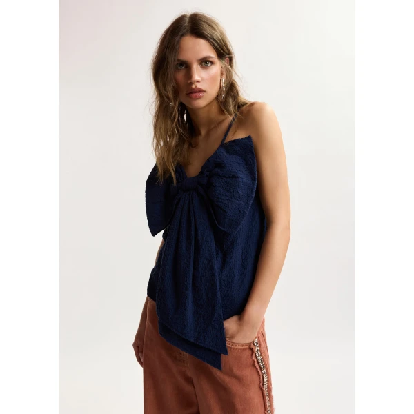 Essentiel Antwerp Dark blue cotton top with bow detail, view 2