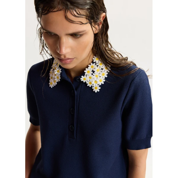 Essentiel Antwerp Dark blue fine knit polo top with white and yellow floral embellished collar, view 2