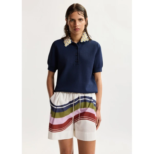Essentiel Antwerp Dark blue fine knit polo top with white and yellow floral embellished collar, view 3