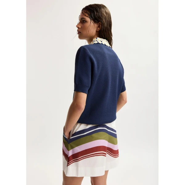 Essentiel Antwerp Dark blue fine knit polo top with white and yellow floral embellished collar, view 4