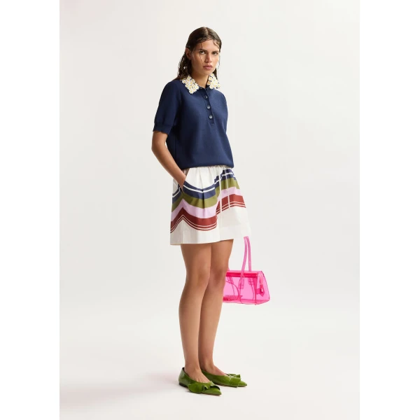 Essentiel Antwerp Dark blue fine knit polo top with white and yellow floral embellished collar, view 5