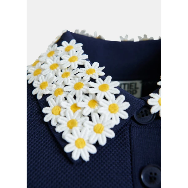 Essentiel Antwerp Dark blue fine knit polo top with white and yellow floral embellished collar, view 6